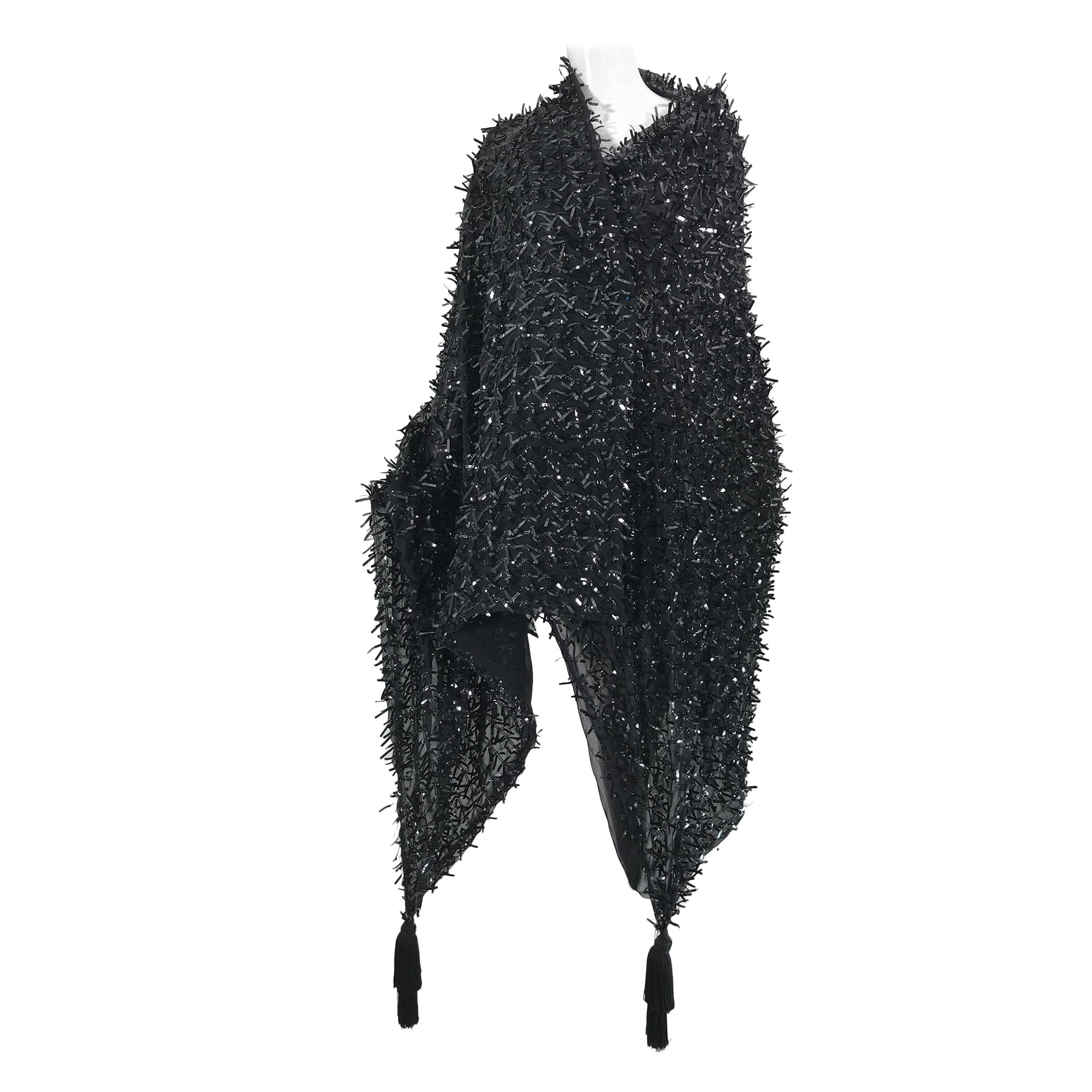 Isabel Canovas Rare Black Silk Sequin Ribbon & Tassel Evening Wrap
