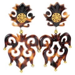 Isabel Canovas Tortoise Resin Dangle Carved Clip Earrings
