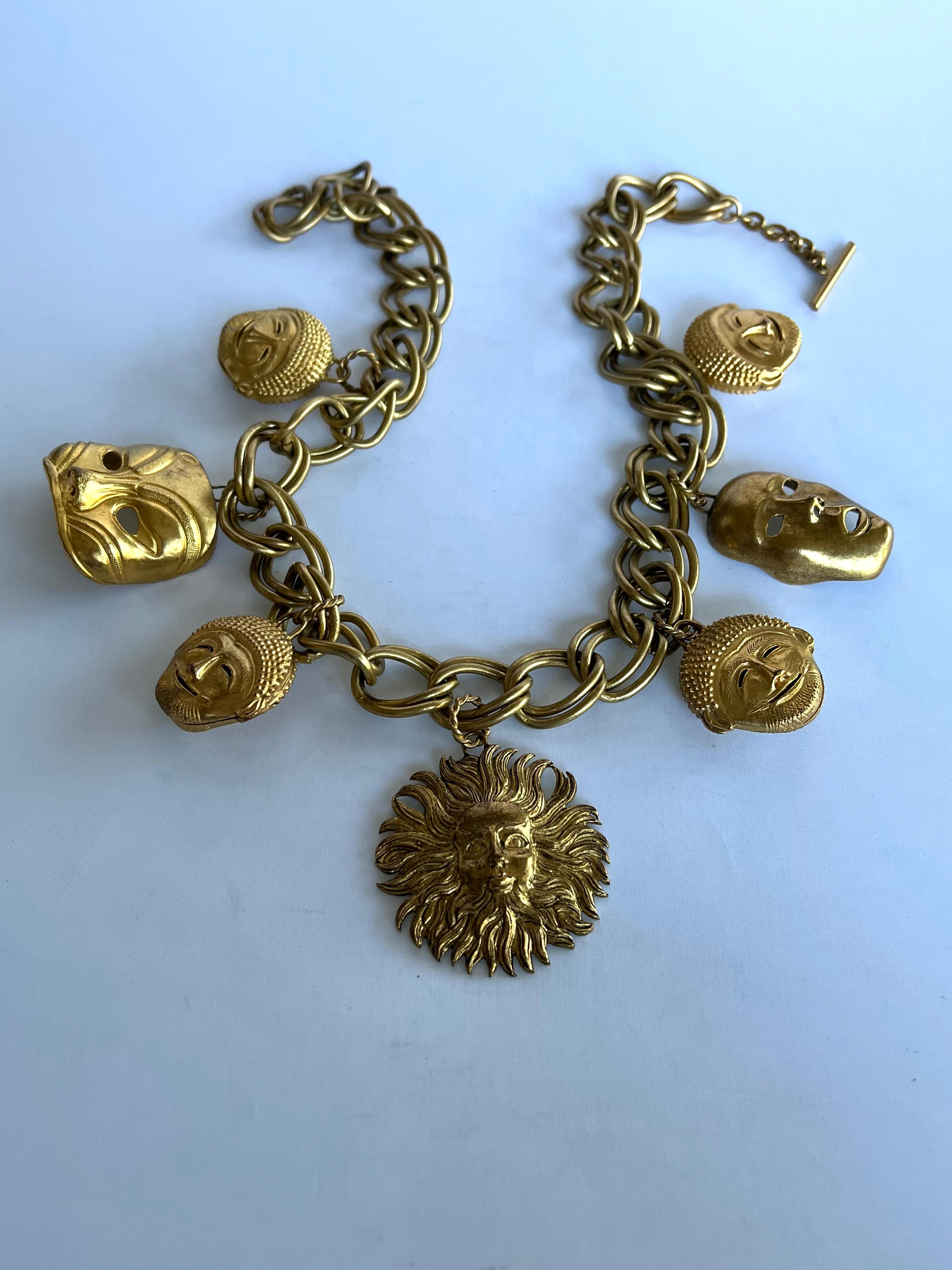 Isabel Canovas Vintage Gilt Mask Charm Necklace In Excellent Condition In Palm Springs, CA
