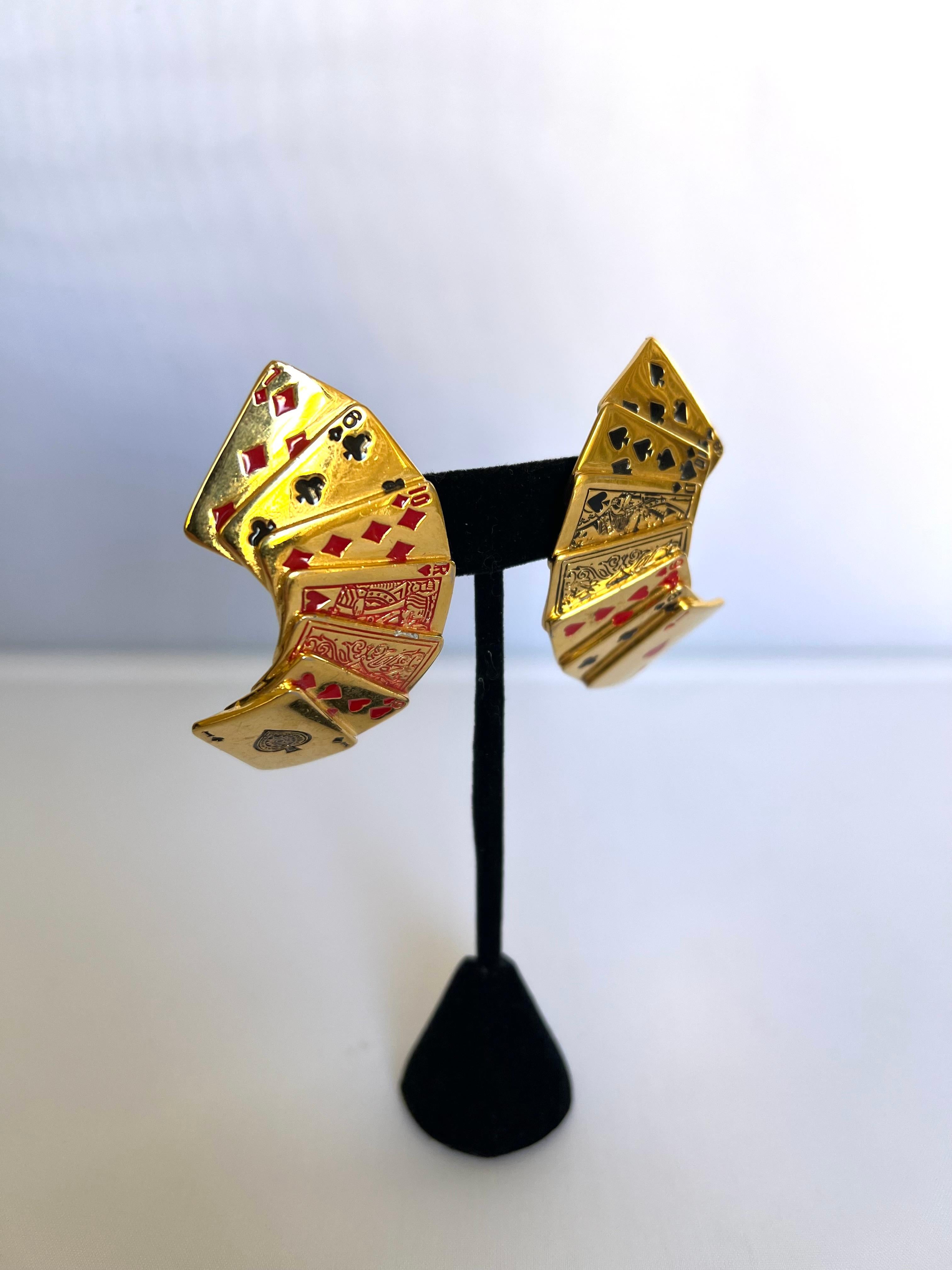 Scarce vintage playing card gilt and enamel clip-on statement earrings by Isabel Canovas, 