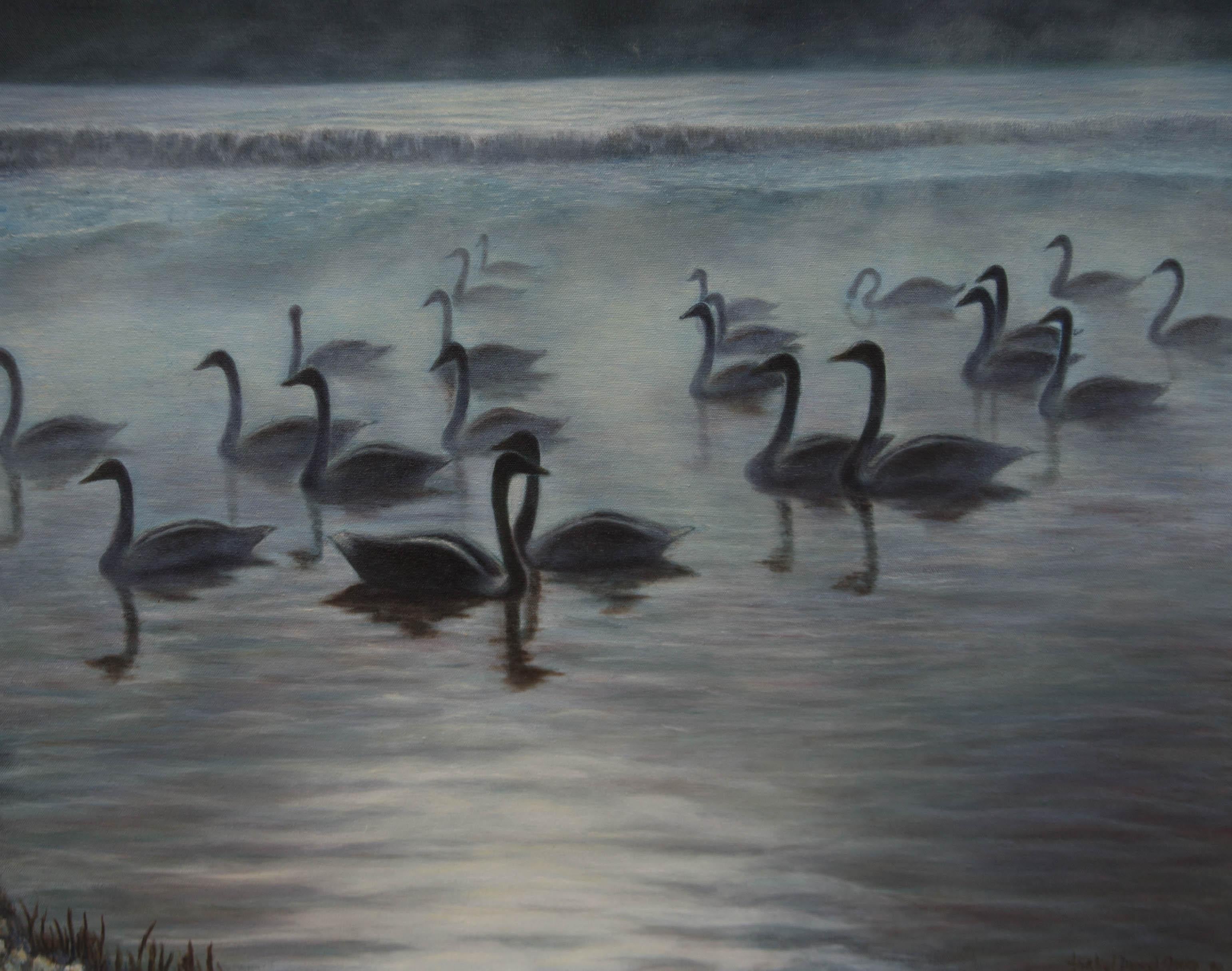 An atmospheric oil painting by Isabelle Drouet Green, depicting an evening view with swans. Signed and dated to the lower right-hand corner. Title, artist's name and date are inscribed on a label to the reverse. Well-presented in a distressed silver
