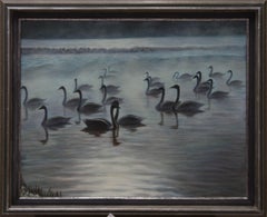 Vintage Isabel Drouet Green - 1990 Oil, Swans