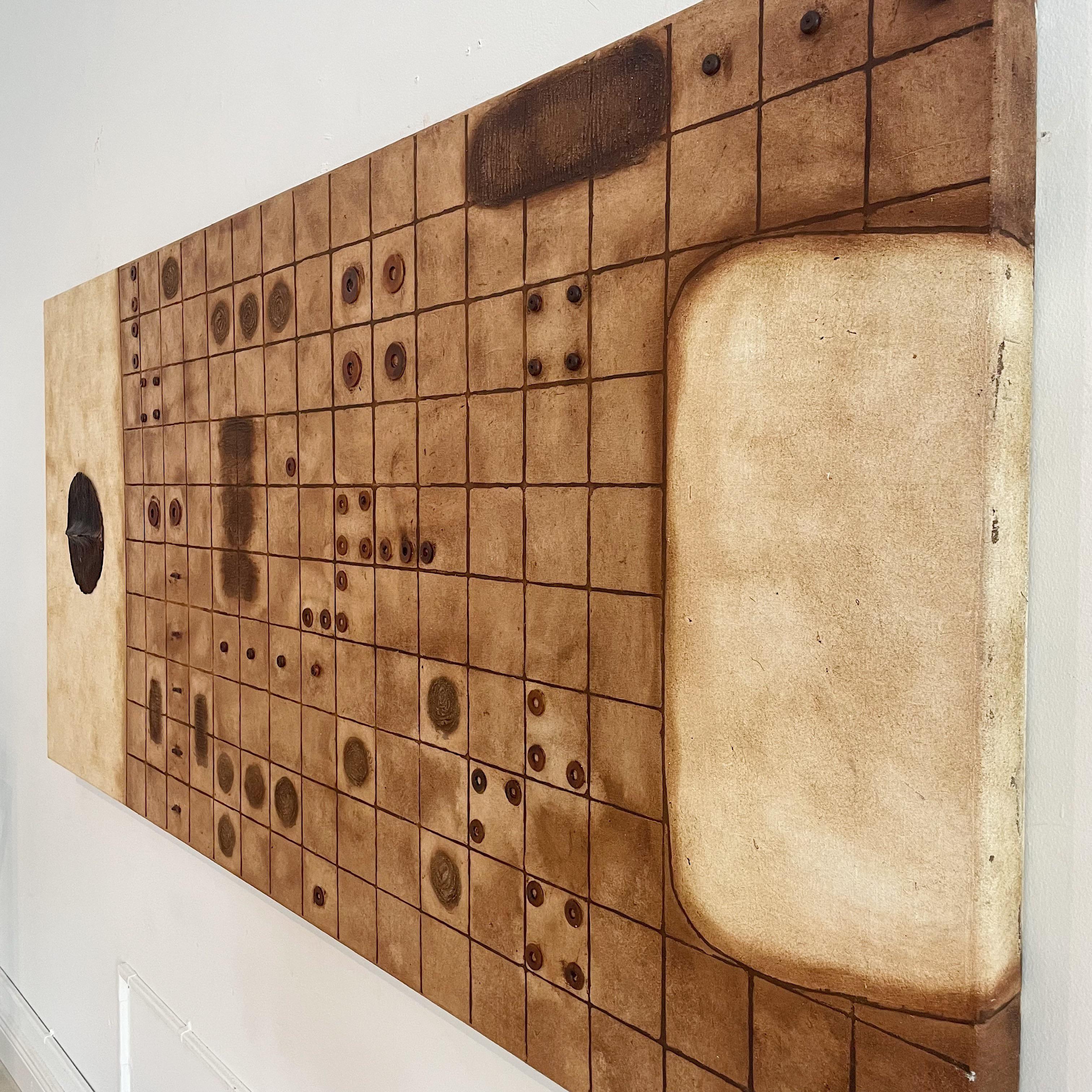 Large Abstract oil on canvas with applied mixed media elements signed on lower front right Isabel Garfias. Isabel Garfias Montero was born in 1970. She held a degree of graphic design and completed her Arts education in Mexico and Italy, which