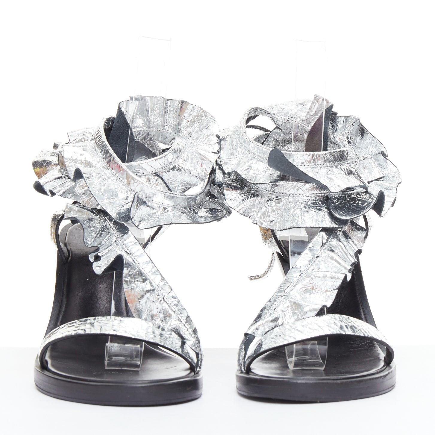 Silver ISABEL MARANT 2017 Aseta silver ruffle leather wrap tie sandals EU37 For Sale