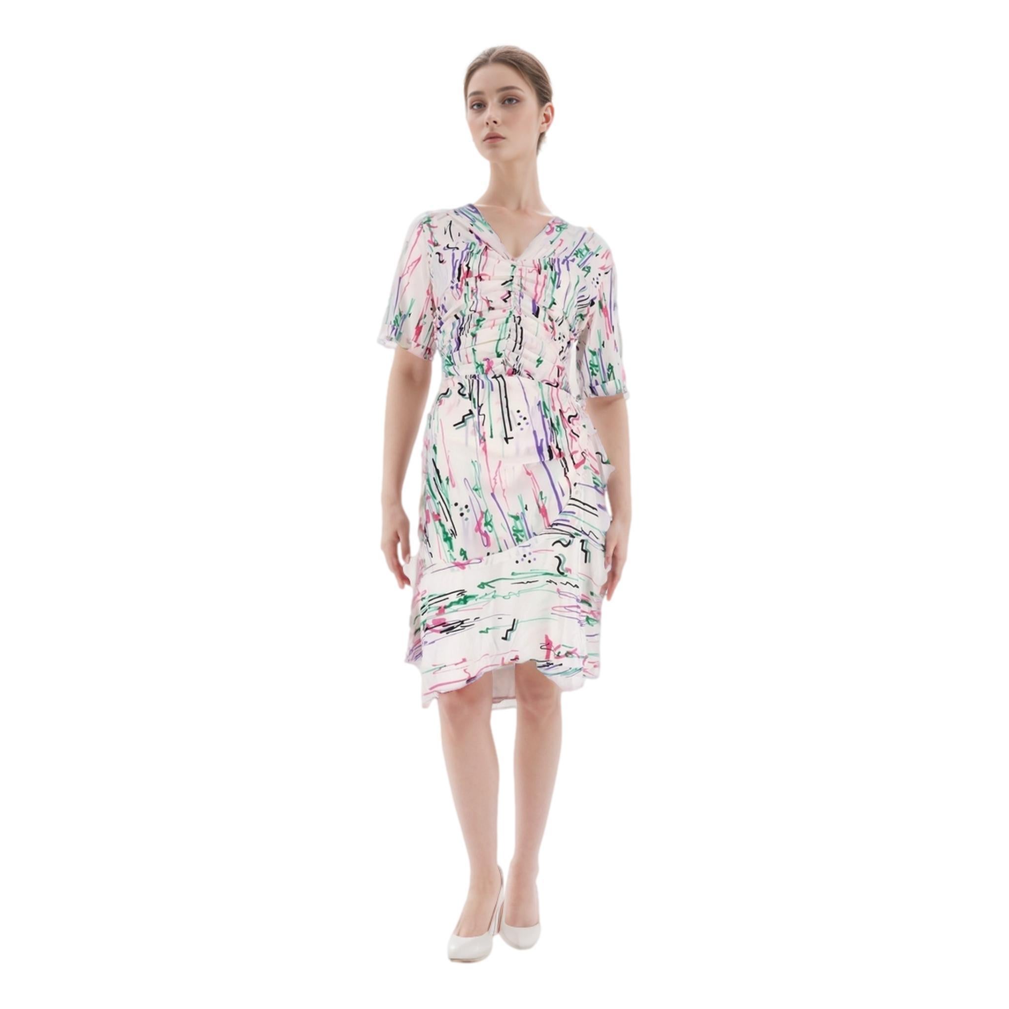 Isabel Marant - Robe en soie à volants à imprimé abstrait

Robe blanche à manches courtes 'Arodie' conçue avec des imprimés de coups de pinceau multicolores et des détails de fronces.

Décolleté en V et ourlet volanté. Rrp £775

Taille - 40FR

État