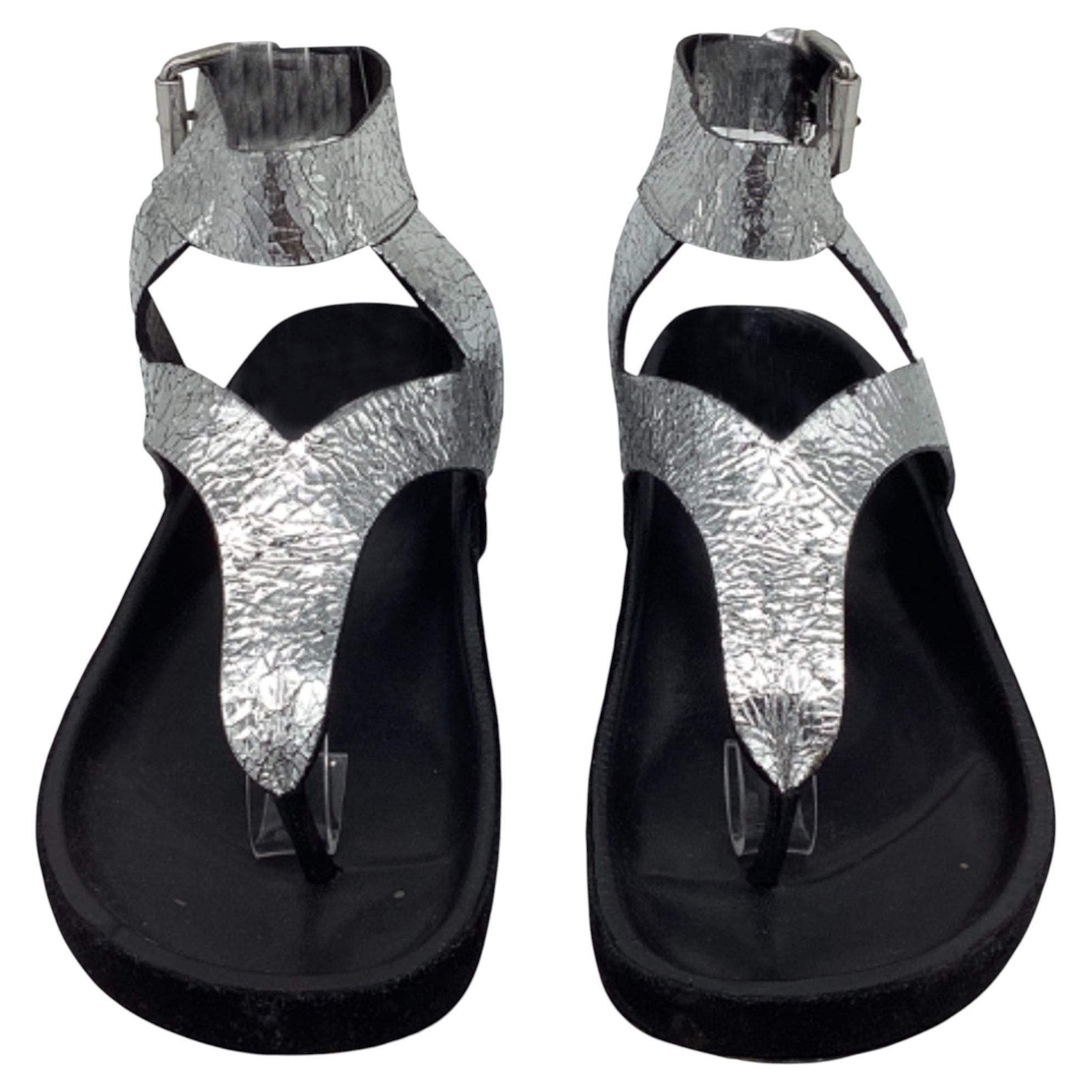 Isabel Marant Ankle Strap Flat Sandals in Metallic Silver Leather For Sale