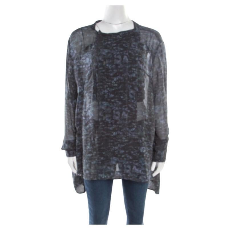 Isabel Marant Ash Schwarz Abstrakter Druck Transparentes Seiden-Tunika-Top L im Angebot