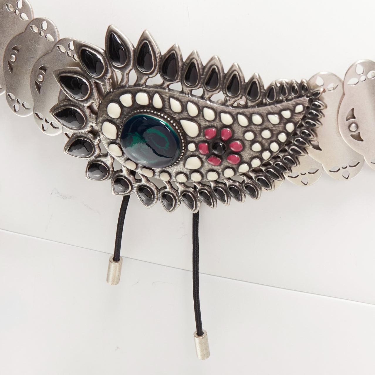 ISABEL MARANT Azema green embellished paisley silver metal plate chain belt 75cm
Reference: AAWC/A01199
Brand: Isabel Marant
Material: Metal
Color: Silver, Green
Pattern: Solid
Closure: Hook & Bar
Lining: Silver Metal
Extra Details: Detachable