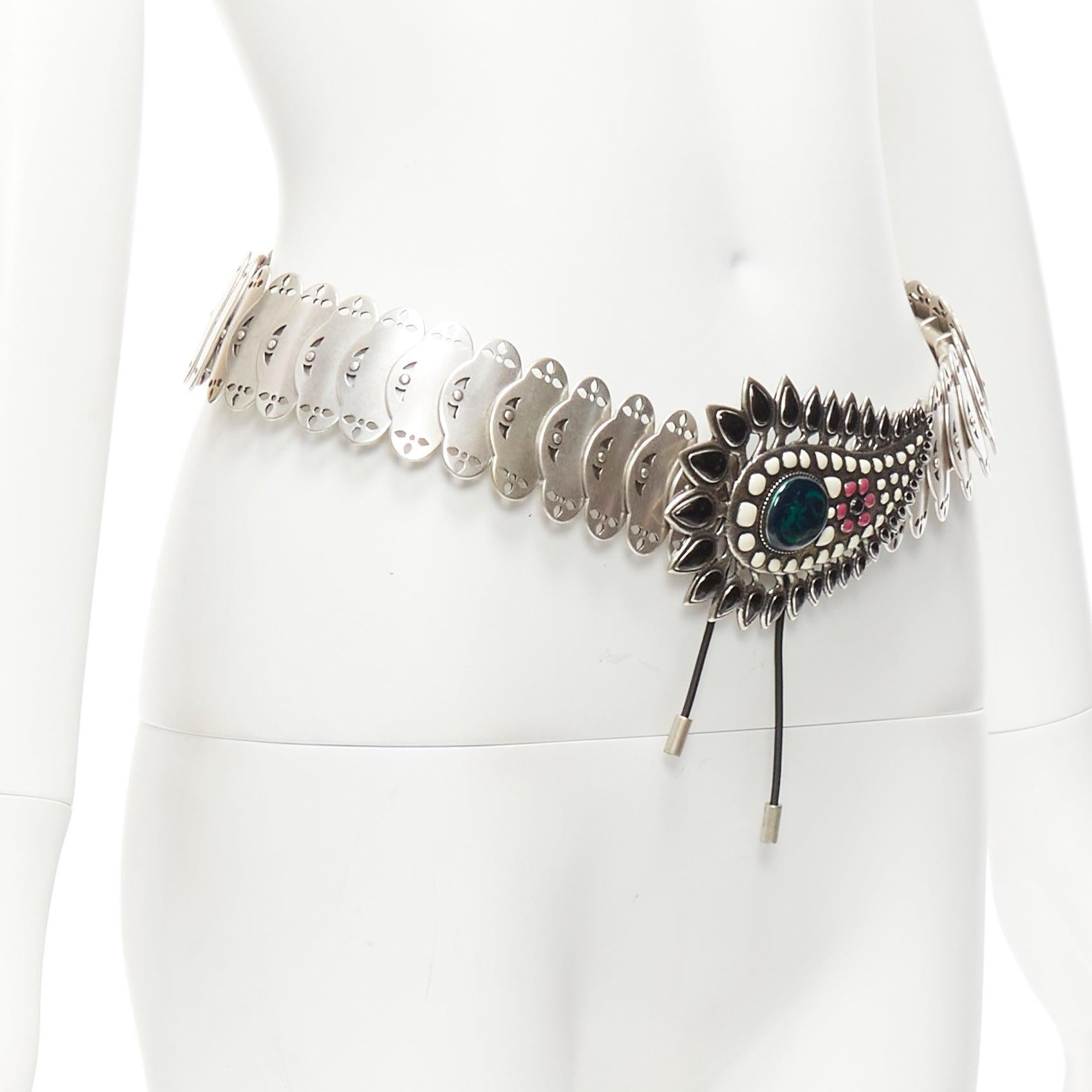 Gray ISABEL MARANT Azema green embellished paisley silver metal plate chain belt 75cm For Sale