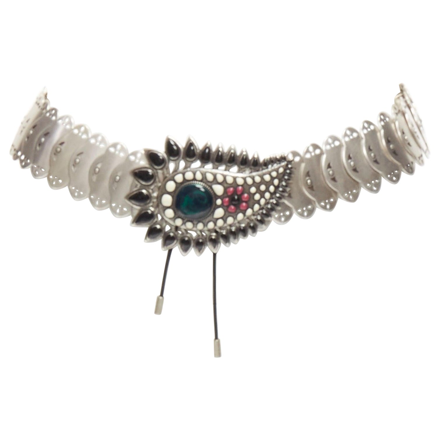 ISABEL MARANT Azema green embellished paisley silver metal plate chain belt 75cm