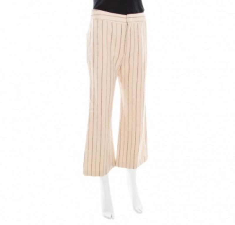 Isabel Marant Beige Gestreifte Hose aus Leinen und Wolle Keroan Cropped Pants S im Zustand „Gut“ im Angebot in Dubai, Al Qouz 2