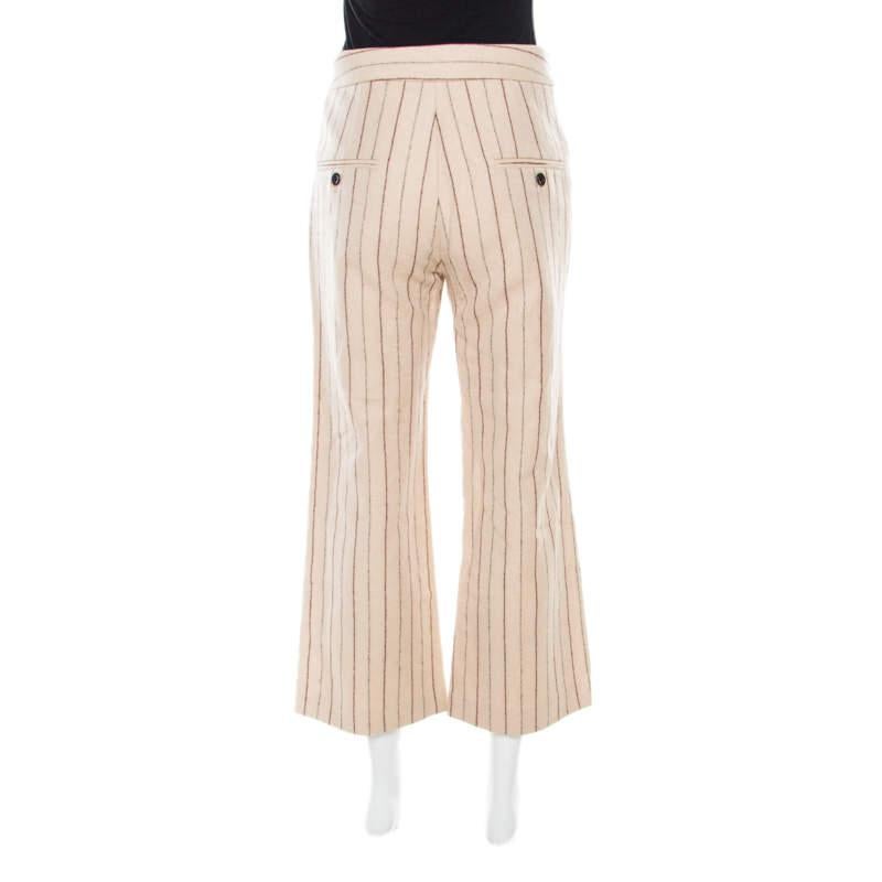 Isabel Marant Beige Striped Linen and Wool Flared Keroan Cropped Pants S In Good Condition For Sale In Dubai, Al Qouz 2