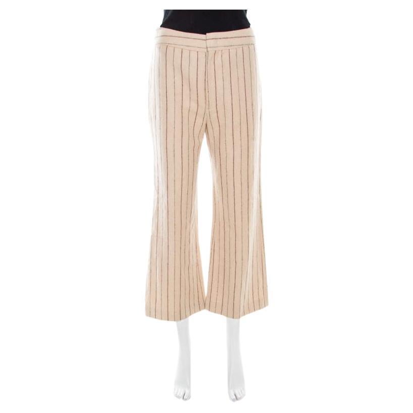 Isabel Marant Beige Striped Linen and Wool Flared Keroan Cropped Pants S For Sale