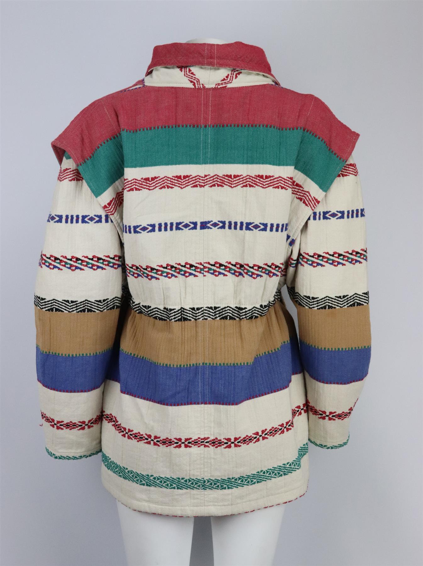 This ‘Belia’ jacket by Isabel Marant has been cut from cotton-blend canvas, it’s decorated with embroidery and stripes, it also has sleeves that are detachable, so it can also be worn as a gilet. Multicoloured cotton-blend. Snap button fastening at