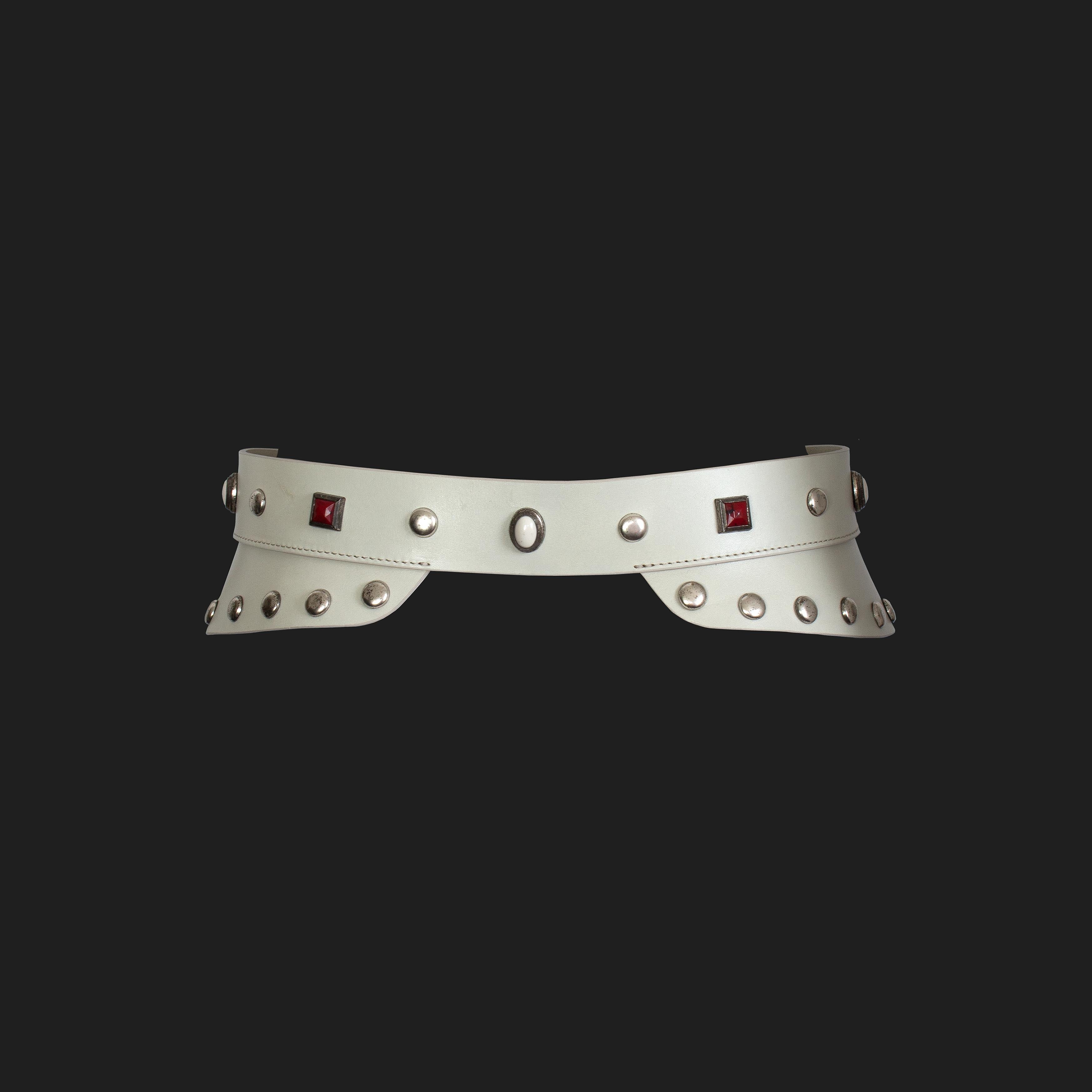 Product Details: Isabel Marant - Belt - Ecru Leather - Stainless Steel Studs - Deep Red + White Beading Throughout - Stainless Steel Buckle Fasten 
Label: Isabel Marant  
Fabric Content: Ecru Leather - Stainless Steel Studs - Deep Red + White