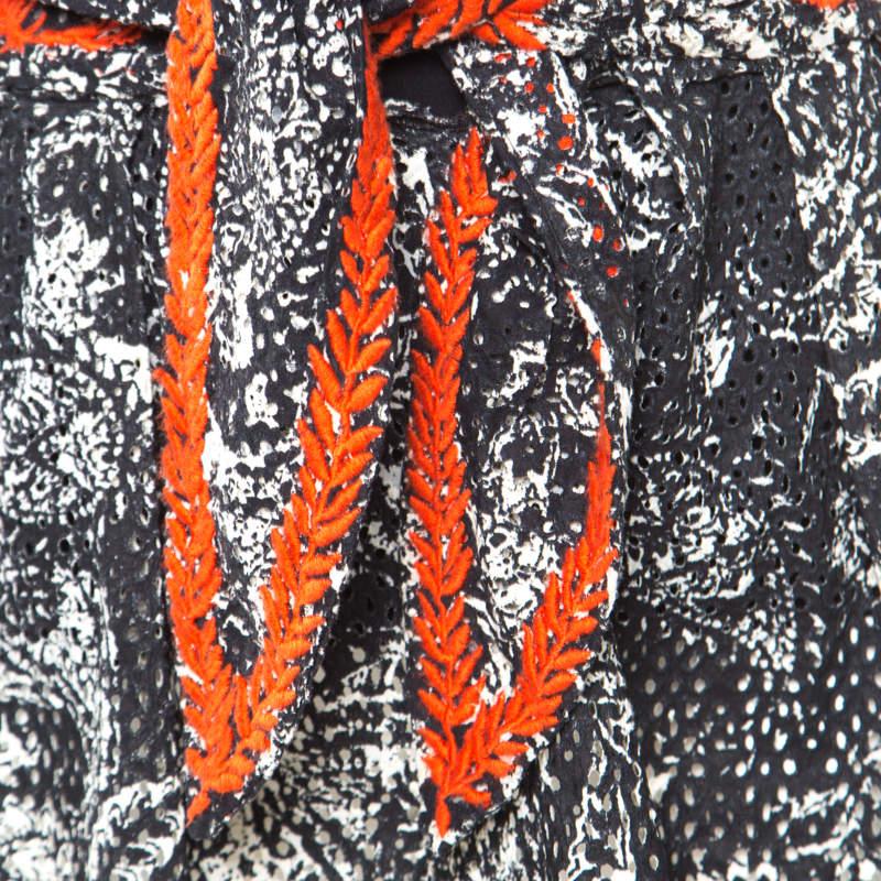Women's Isabel Marant Black and Red Eyelet Embroidered Cotton Tie Up Pleated Skirt