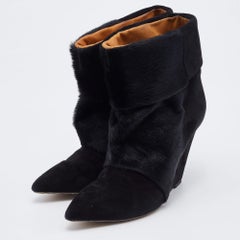 Isabel Marant Black Calf Hair and Suede Wedge Ankle Boots Size 38