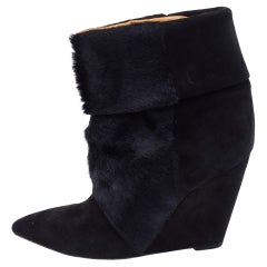 Isabel Marant Black Calf Hair and Suede Wedge Ankle Boots Size 38
