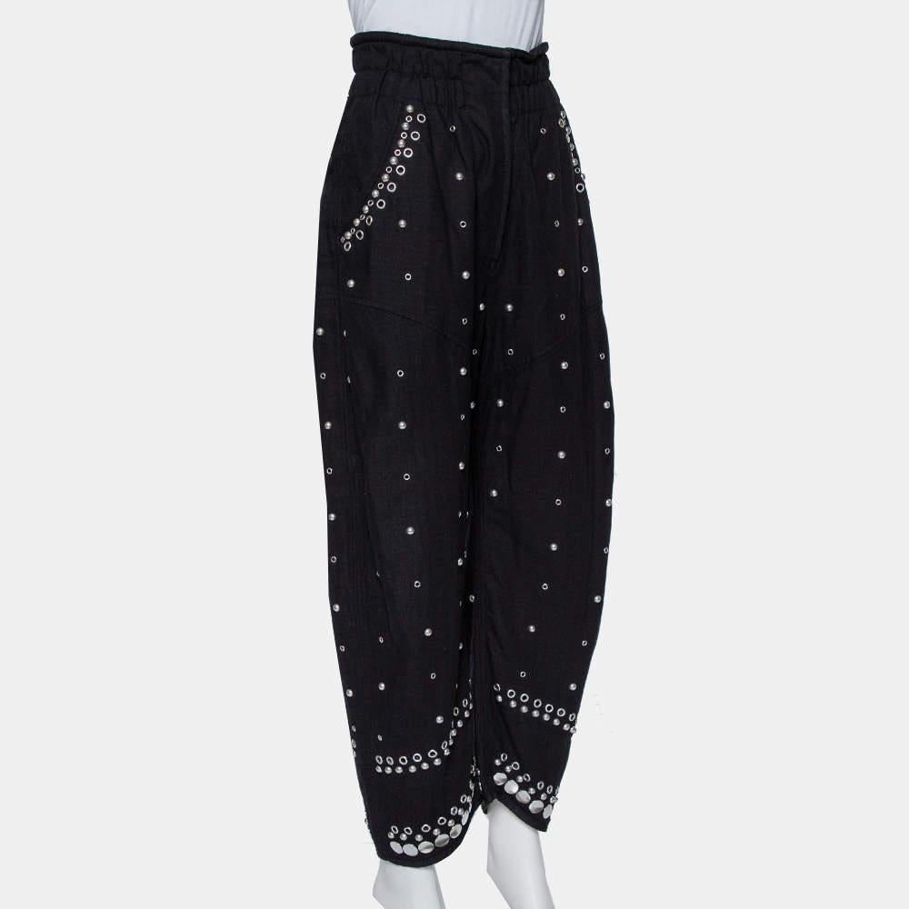 Isabel Marant Black Cotton Studded Paneled Eloma Pants L In Excellent Condition In Dubai, Al Qouz 2