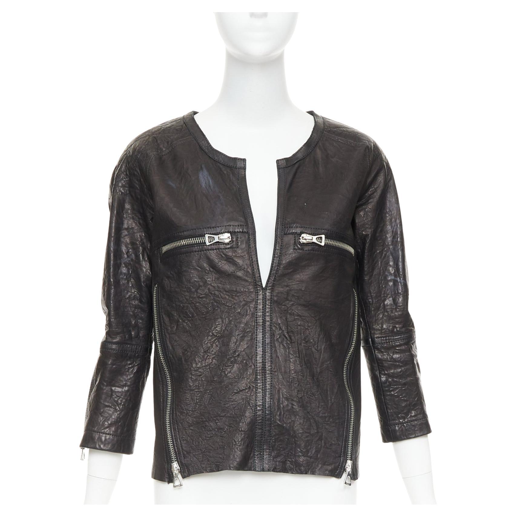 ISABEL MARANT black crinkled leather biker zip pullover jacket FR1 S