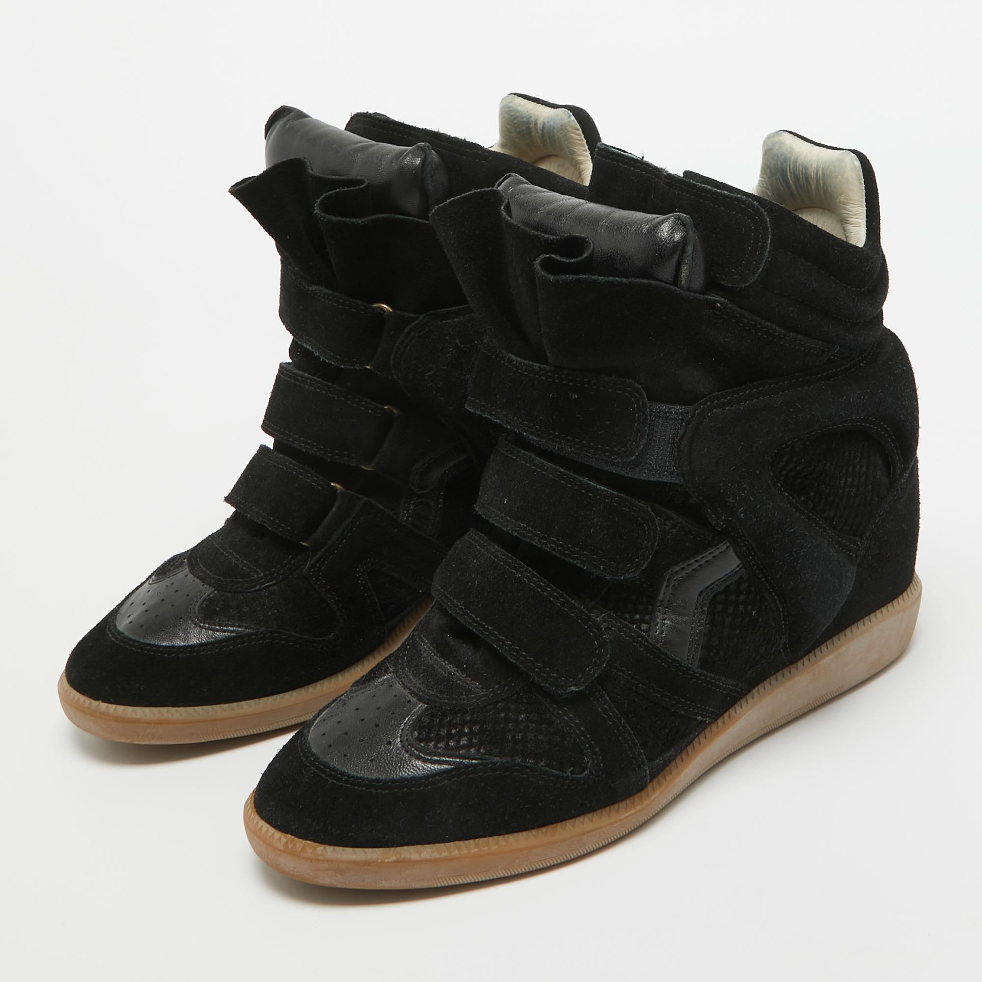 Isabel Marant Black Leather and Suede Over Basket Wedge High Top Sneakers Size 3 en vente 6