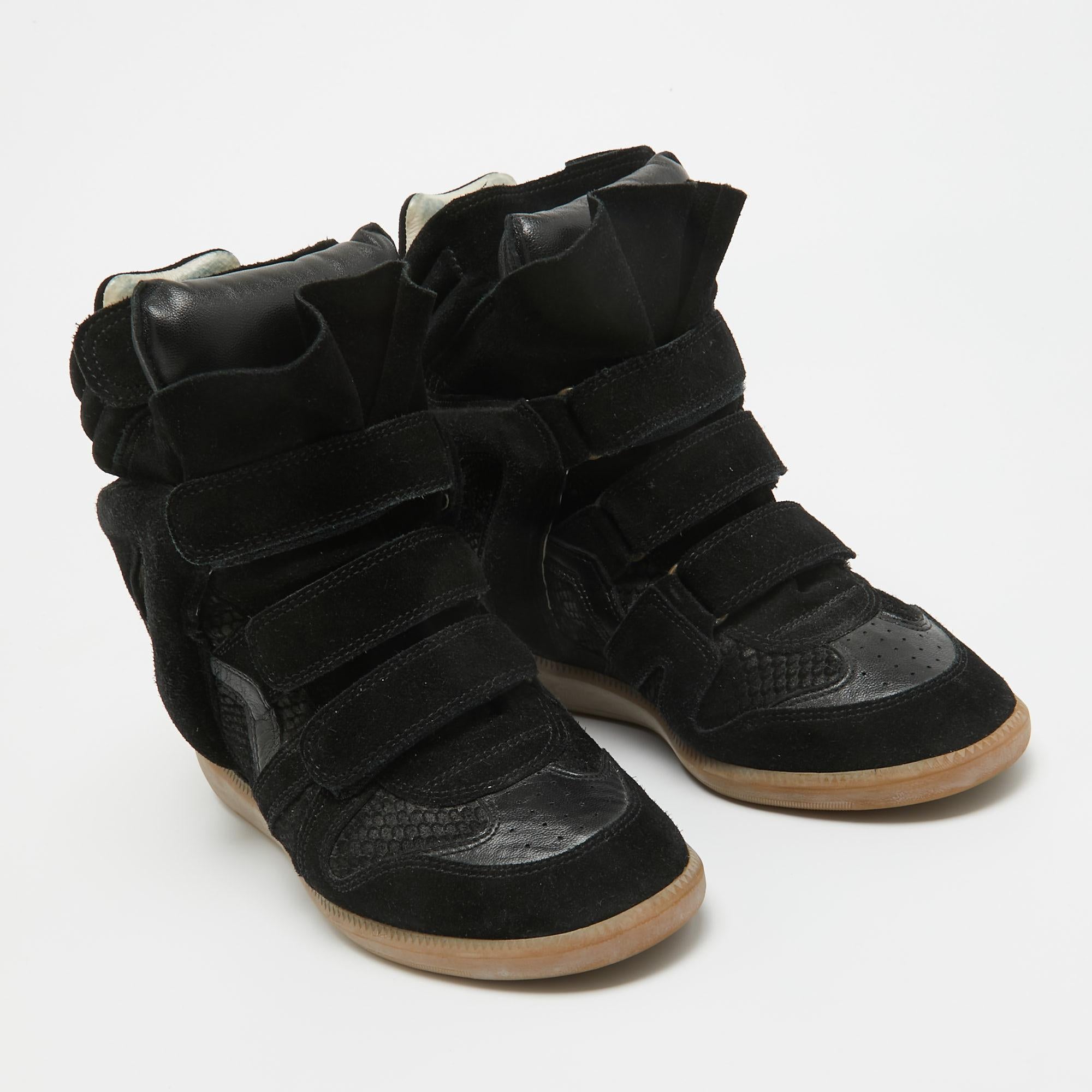 Isabel Marant Black Leather and Suede Over Basket Wedge High Top Sneakers Size 3 4