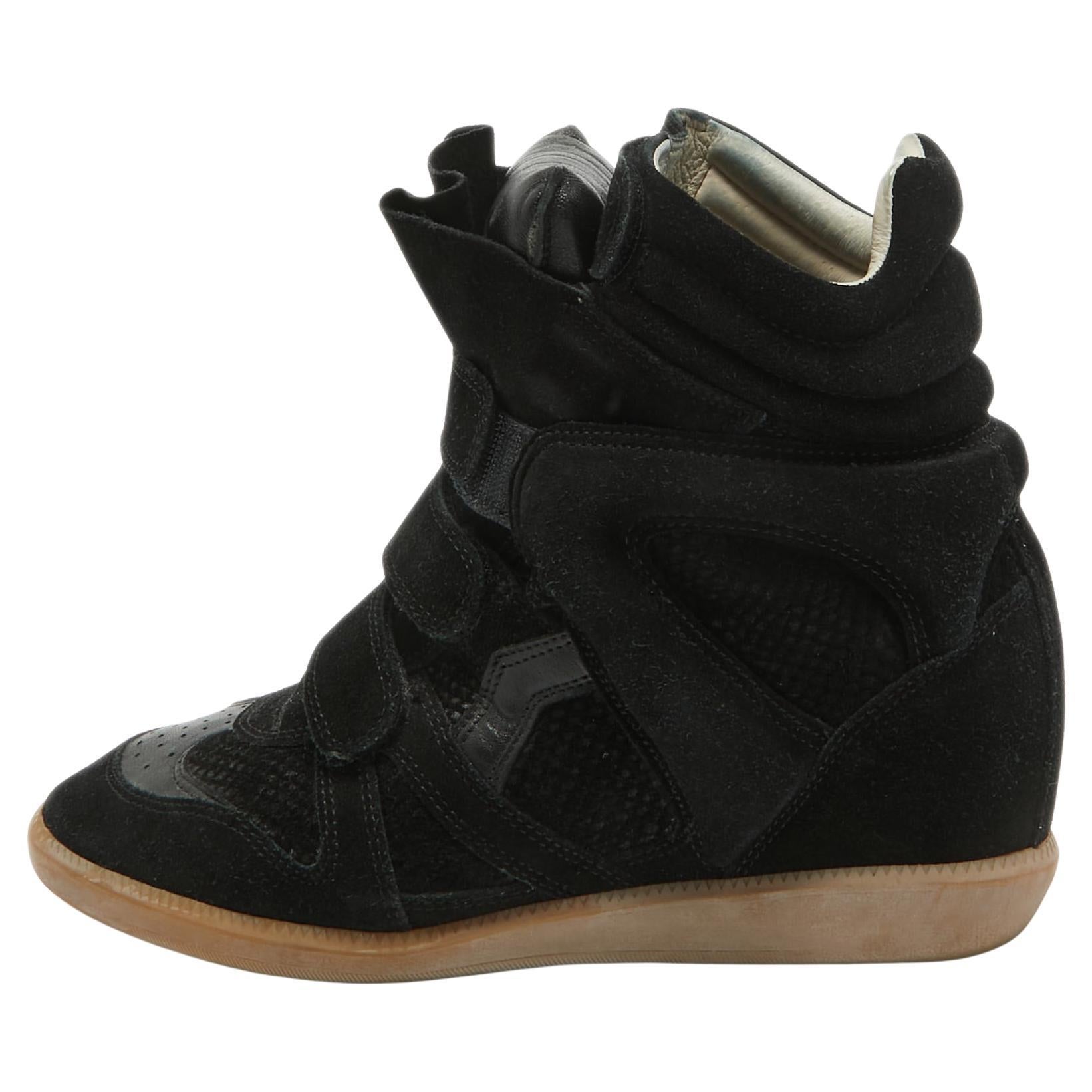 Isabel Marant Black Leather and Suede Over Basket Wedge High Top Sneakers Size 3 en vente