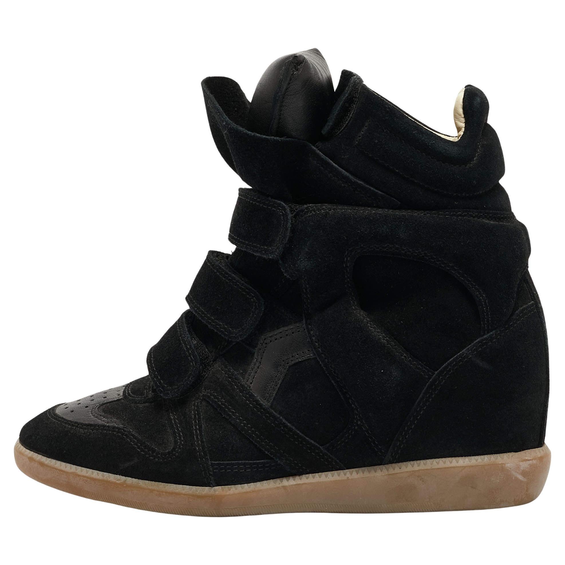Isabel Marant Black Leather and Suede Wedge Sneakers Size 37 For Sale