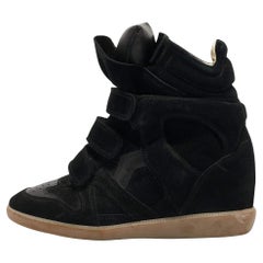 Used Isabel Marant Black Leather and Suede Wedge Sneakers Size 37
