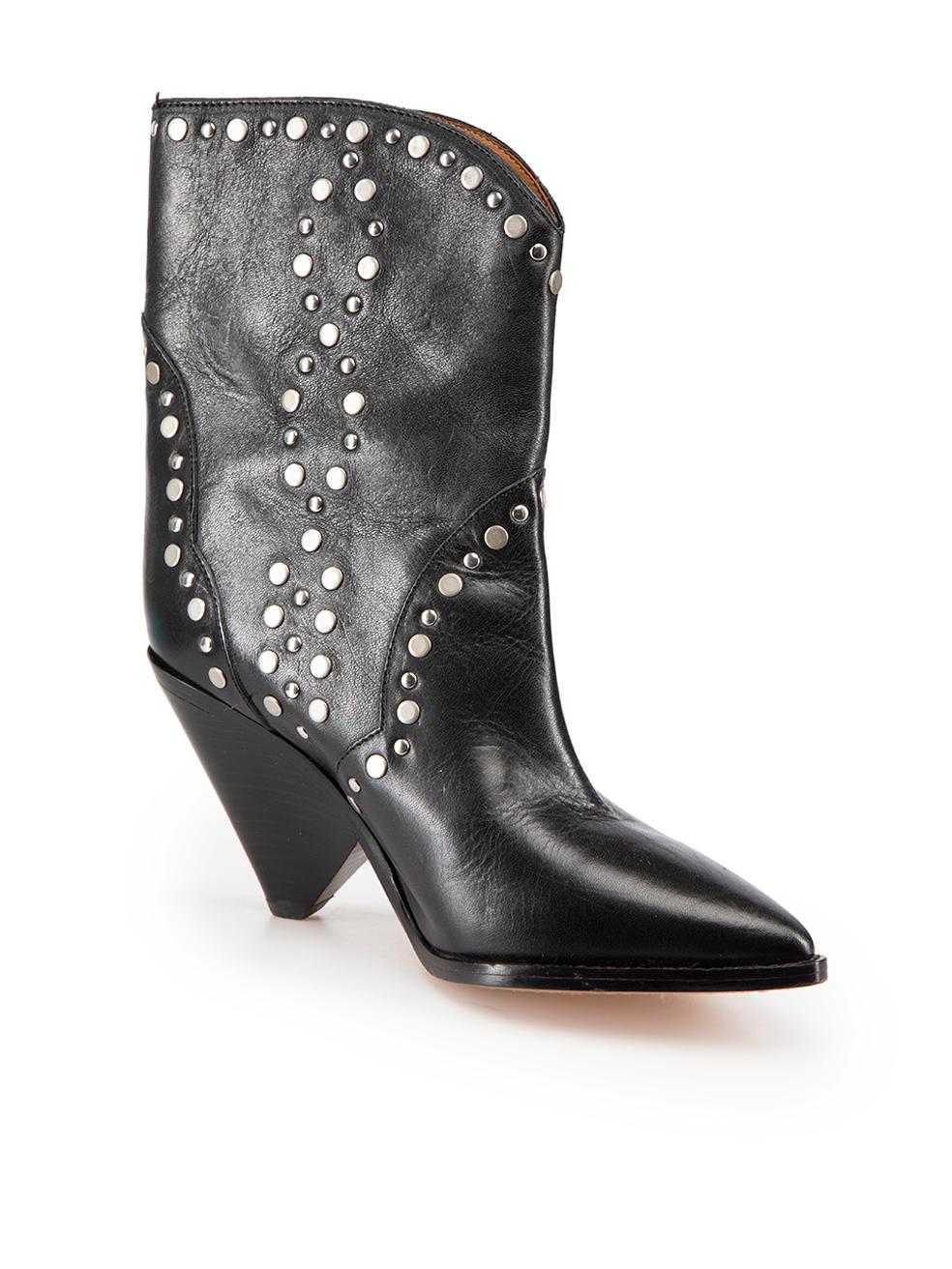 CONDITION is Very good. Minimal wear to boots is evident. Minimal wear to both toes with light scratches to the leather on this used Isabel Marant designer resale item.

Details
Black
Leather
Cowboy boots
Point toe
Silver studded detail
Slip on
Made