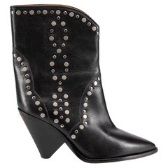 Used Isabel Marant Black Leather Studded Cowboy Boots Size IT 36