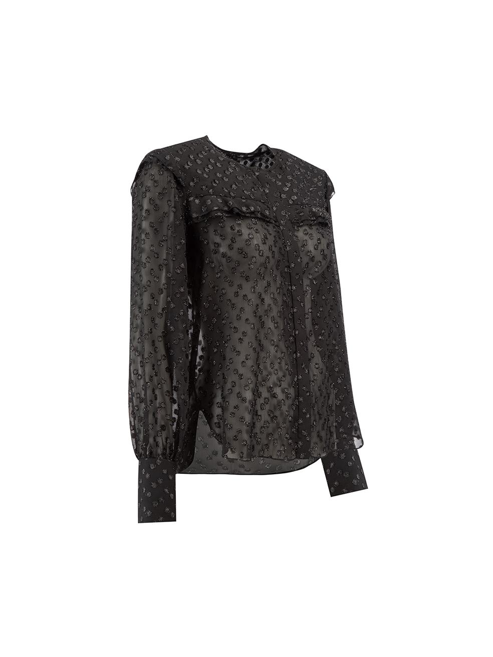 CONDITION is Very good. Minimal wear to blouse is evident. Minimal wear to the press studs at both cuffs with loose threads on this used Isabel Marant designer resale item.



Details


Black

Polyester

Blouse

Sheer

Metallic polkadot
