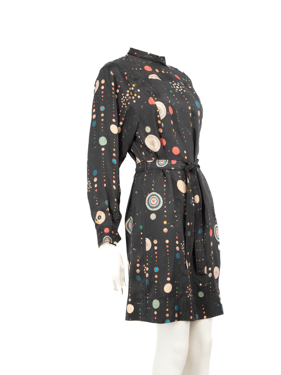 CONDITION is Very good. Hardly any visible wear to dress is evident on this used Isabel Marant designer resale item.
 
 
 
 Details
 
 
 Black
 
 Silk
 
 Dress
 
 Planet print
 
 Knee length
 
 Long sleeves
 
 Buttoned cuffs
 
 Round neck
 
