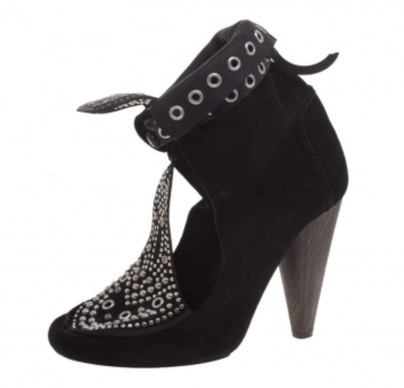 Women's Isabel Marant Black Suede Mossa Studded Cutout Ankle Boots Size 36 For Sale