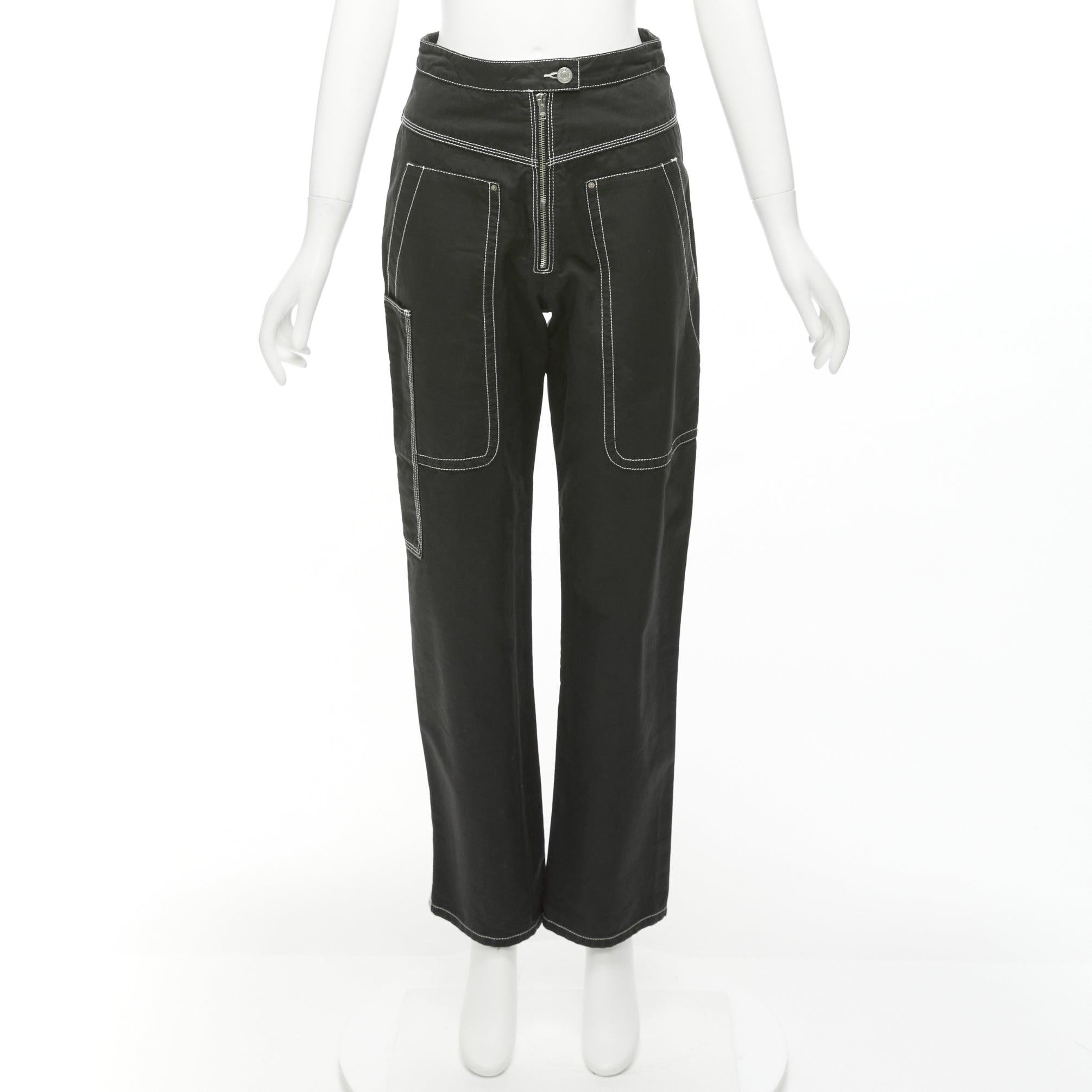 ISABEL MARANT Schwarz-Weiß-Baumwoll-Teppichhose mit Topstitch und Tasche FR36 S im Angebot 6