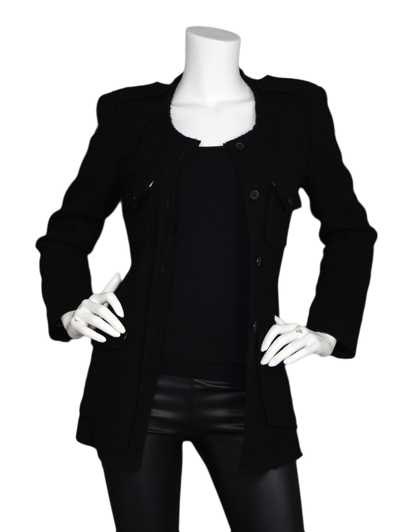 Isabel Marant Black Wool Blend Button Up Military Style Jacket W/ Raw Hem Detail Sz 38

Made In: Lithuania 
Color: Black
Materials: 70% wool, 30% polyamide
Opening/Closure: Button up
Overall Condition: Excellent pre-owned condition 

Measurements: