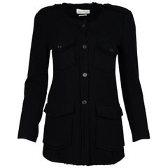 Isabel Marant Black Wool Blend Button Up Military Style Jacket W/ Raw Hem Sz 38