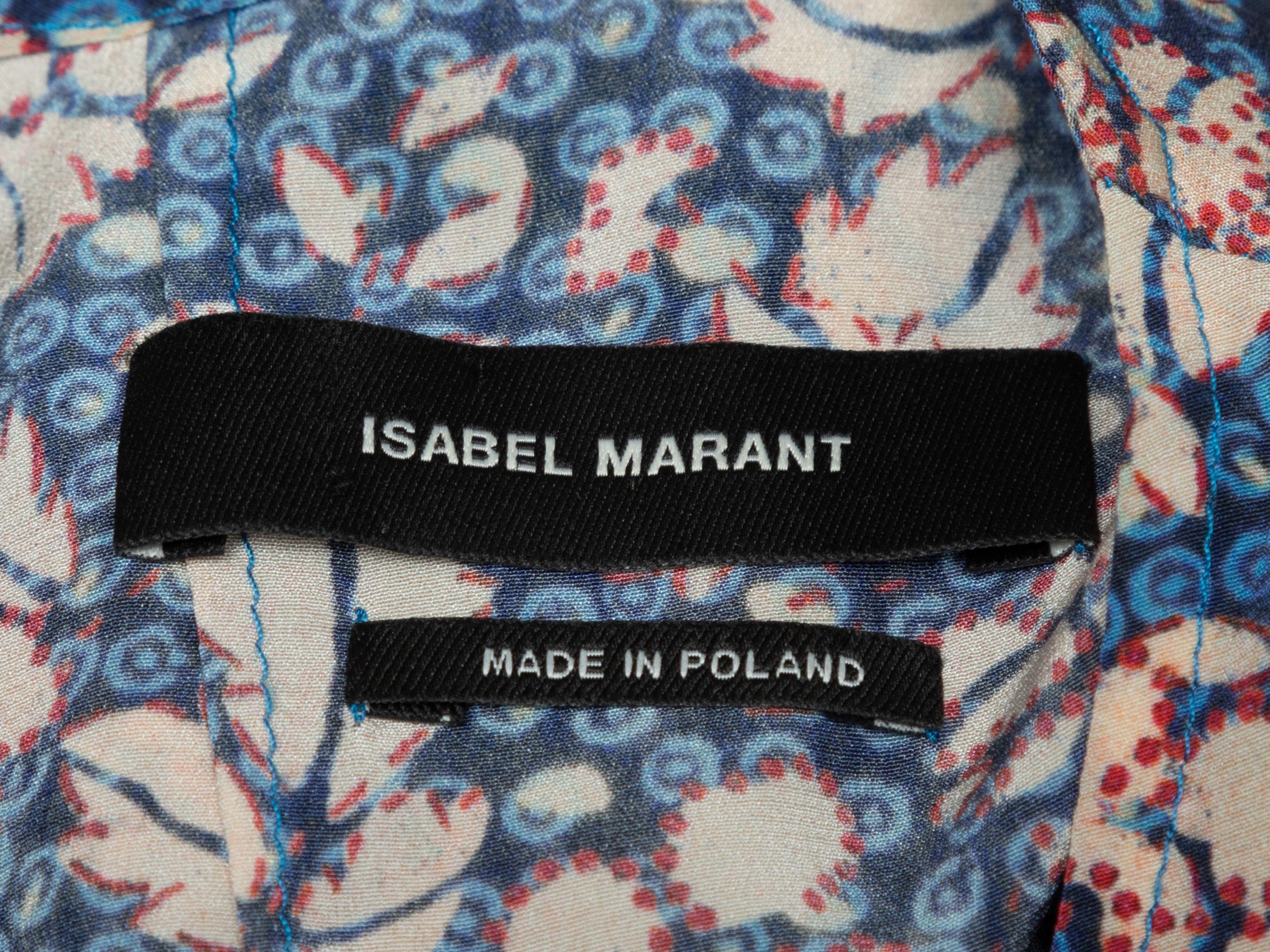 Product Details: Blue, beige, and red silk floral print mini dress by Isabel Marant. Short puff sleeves. Ruffle trim at front bodice. Keyhole at nape. Zip closure at side. Designer size 34. 34