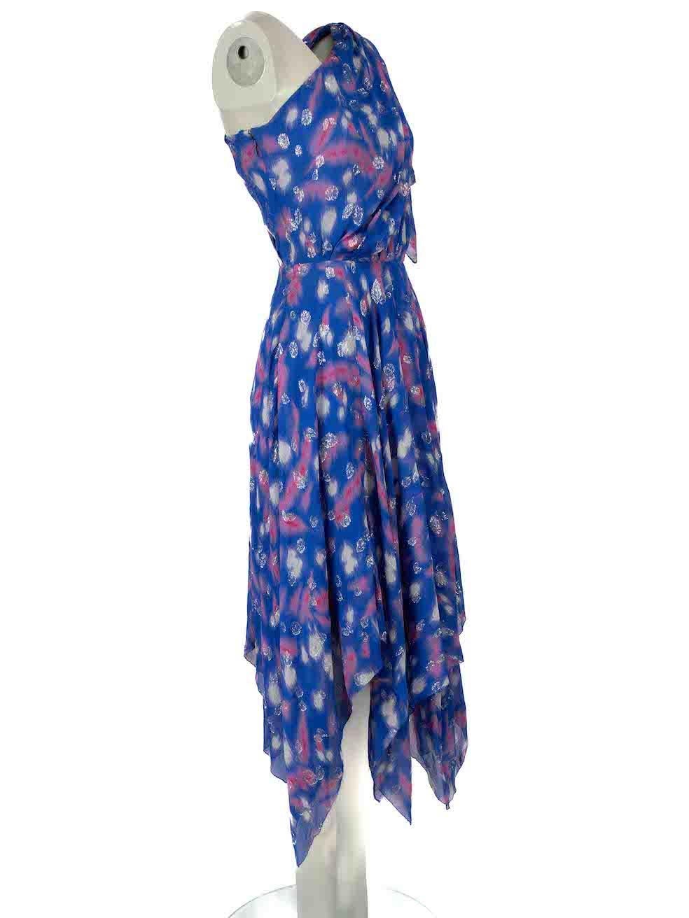 CONDITION is Very good. Minimal wear to dress is evident. Minimal stains to centre front of skirt on this used Isabel Marant designer resale item.

Details
Blue
Silk
Midi dress
Abstract pattern
One shoulder
Sheer layer
Side zip closure with hook and