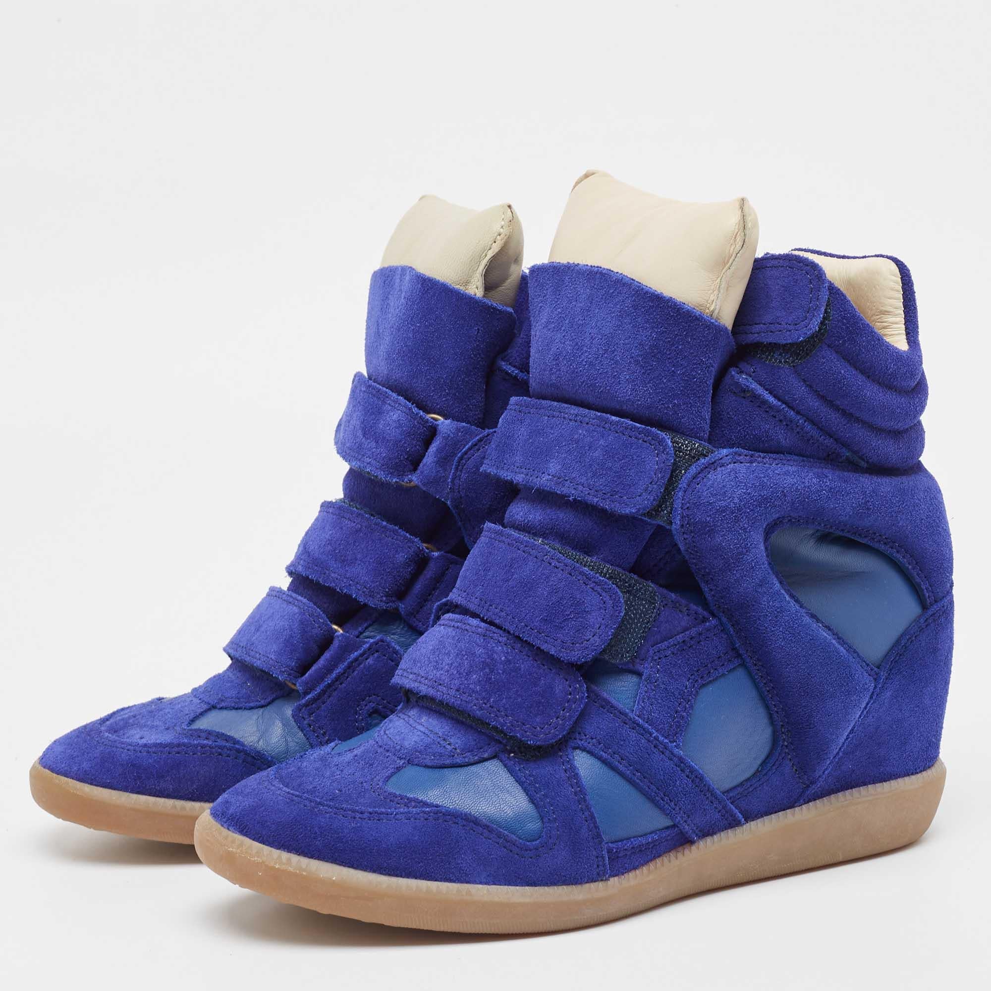 Isabel Marant Blue Suede and Leather Bekett Wedge Sneakers Size 38 In Good Condition For Sale In Dubai, Al Qouz 2