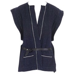 ISABEL MARANT blue white wool cotton striped raw collar kimono wrap vest FR38