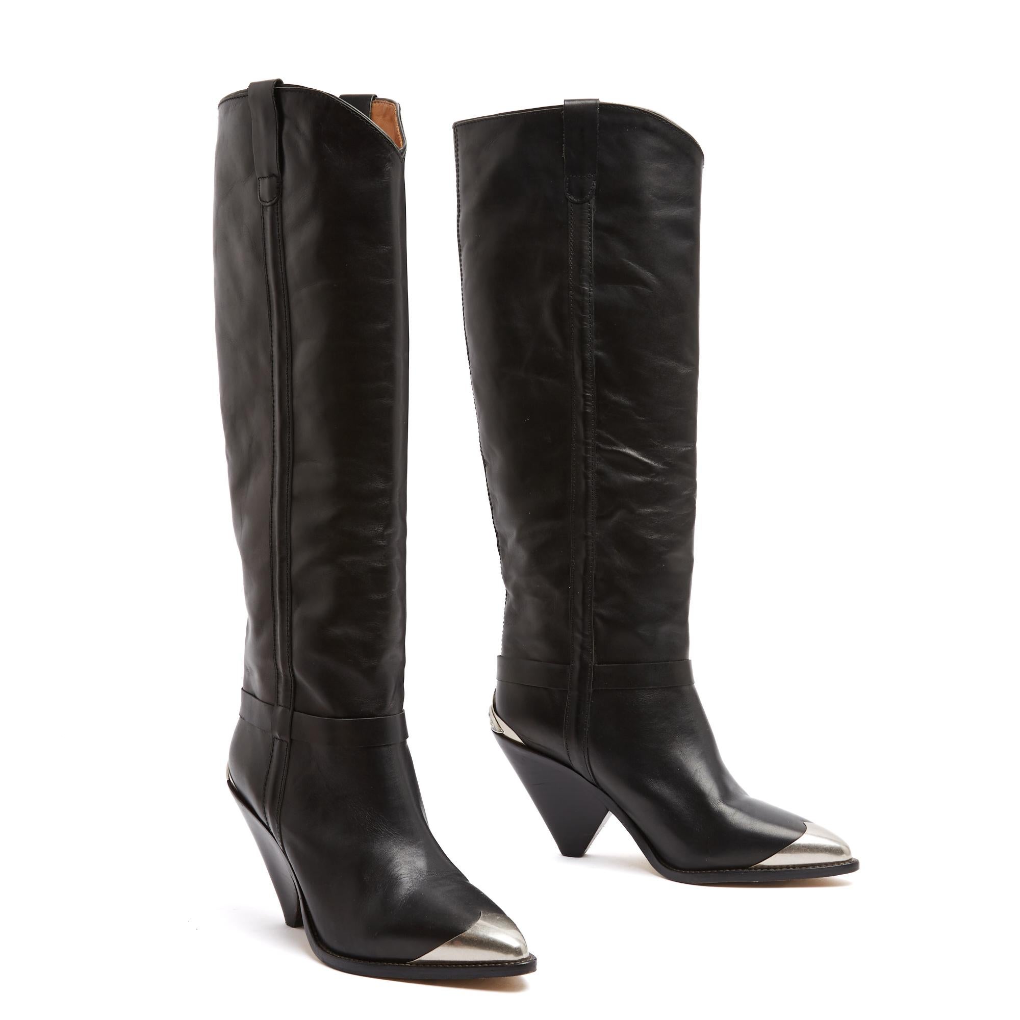 Isabel Marant Bottes Lamsy Noir EU37 Black Leather Cowboy Boots UK4 US6. In Excellent Condition For Sale In PARIS, FR