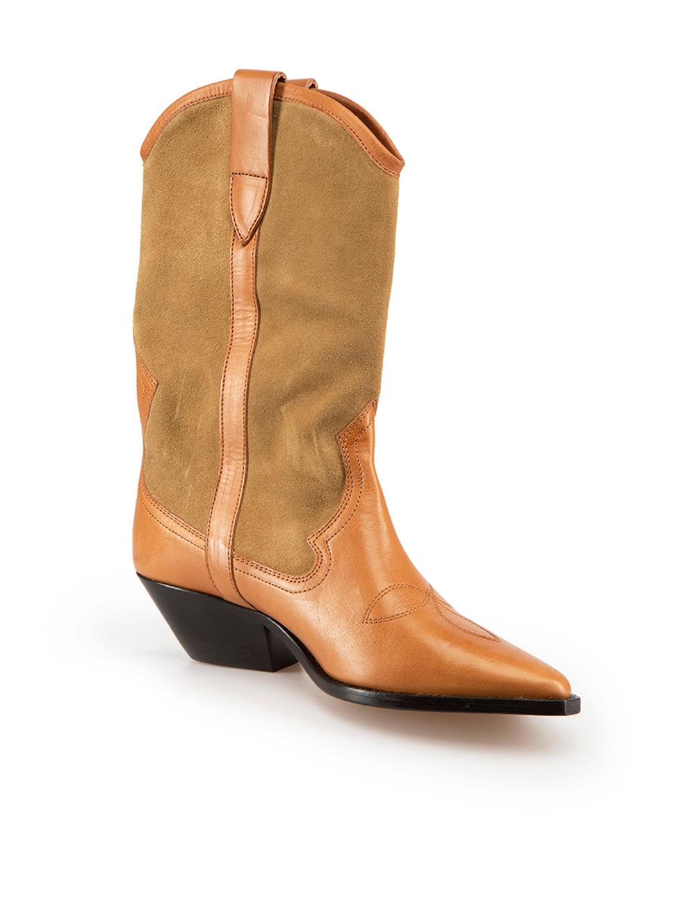 CONDITION is Very good. Minimal wear to boots is evident. Minimal wear to uppers with a handful of light scuff marks seen throughout on this used Isabel Marant designer resale item.
 
 Details
 Brown
 Leather
 Cowboy boots
 Suede panels
 Point toe
