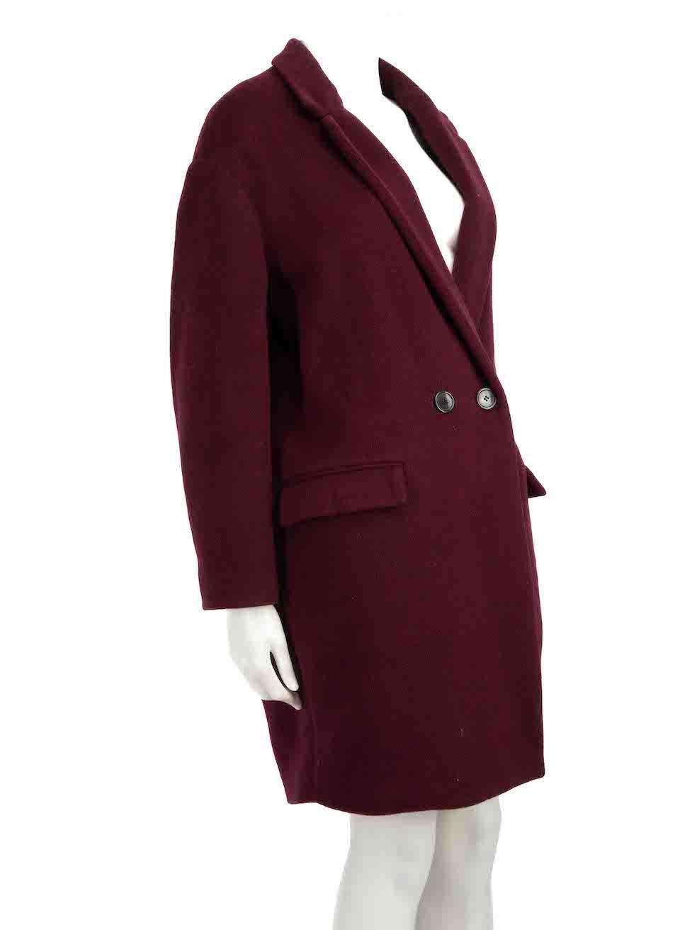 CONDITION is Never worn. No visible wear to coat is evident on this new Isabel Marant designer resale item.
 
 Details
 Burgundy
 Wool
 Coat
 Double breasted
 Button fastening
 2x Front pockets
 
 
 Made in Poland
 
 Composition
 84% Wool, 15%