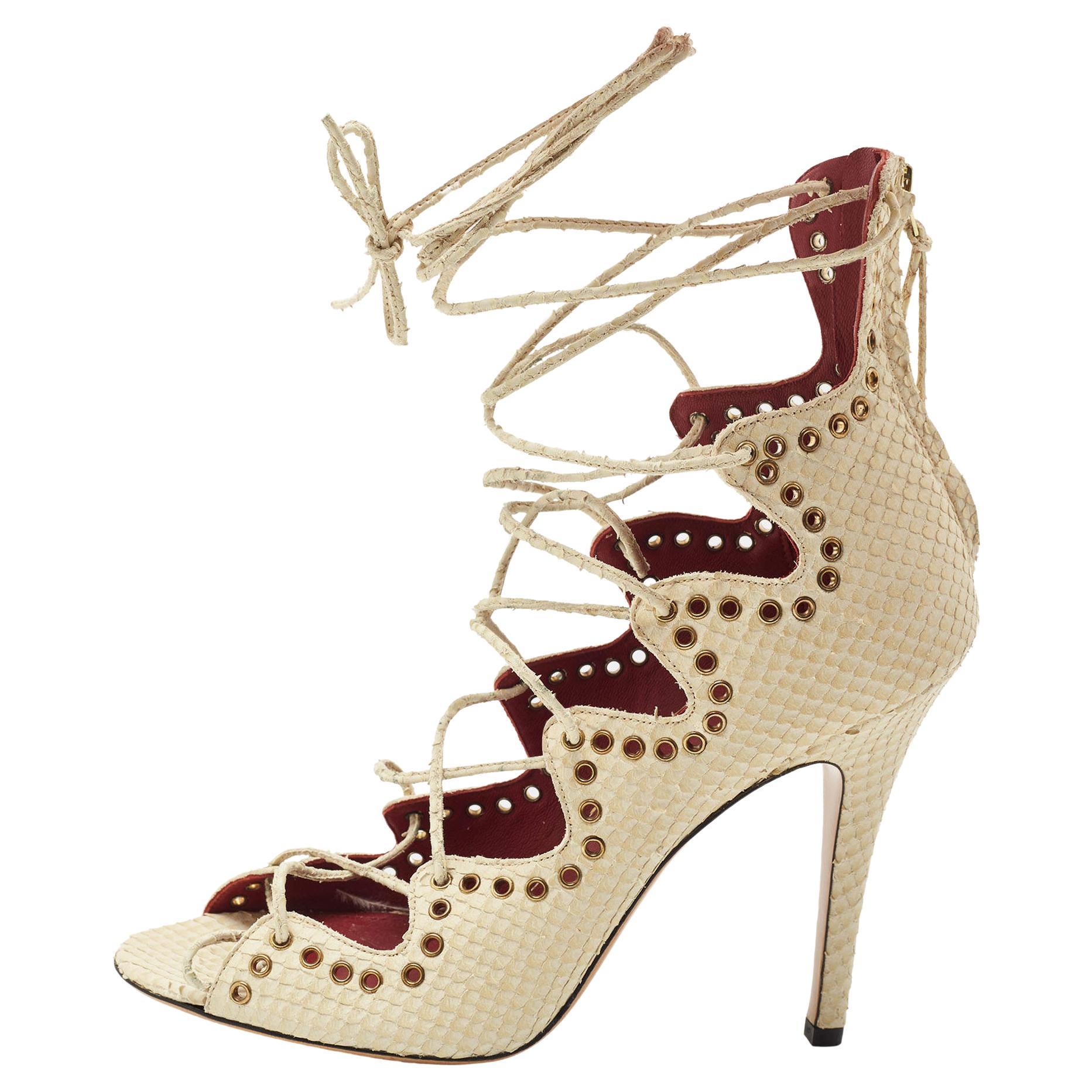 Isabel Marant Cream Python Embossed Leather Lelie Strappy Sandals Size 40 For Sale