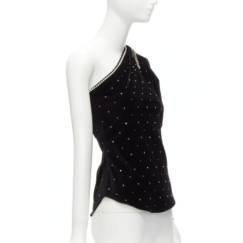 Black ISABEL MARANT crystal embellished studded beads velvet one shoulder top FR36 S For Sale