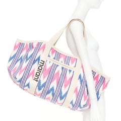 ISABEL MARANT Darwen creIkat print ecru pink blue graphic canvas logo tote bag