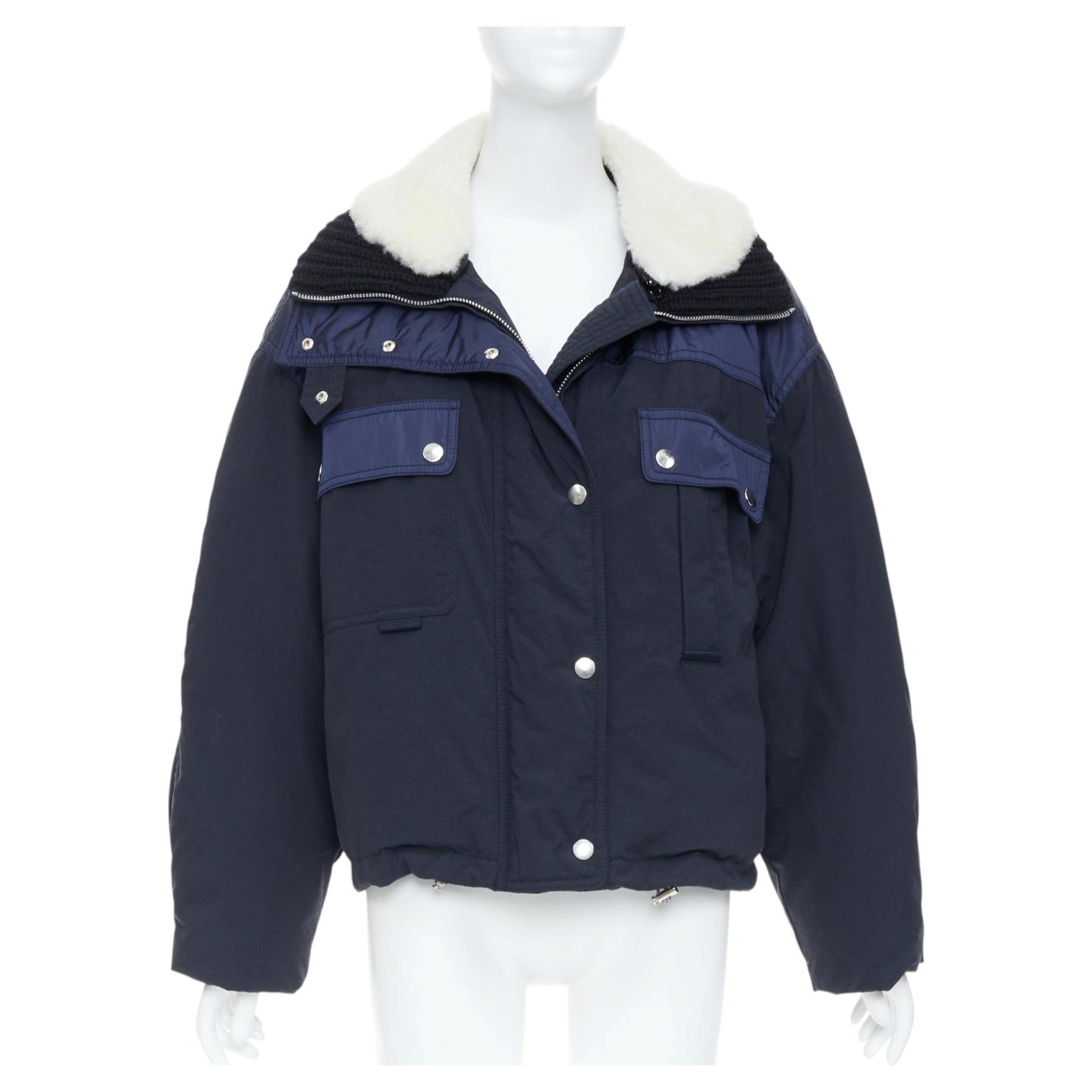 Pre-owned Isabel Marant Dellazia Shearling Trimmed Navy Colorblock Bomber Jacket Fr36 S In Blue