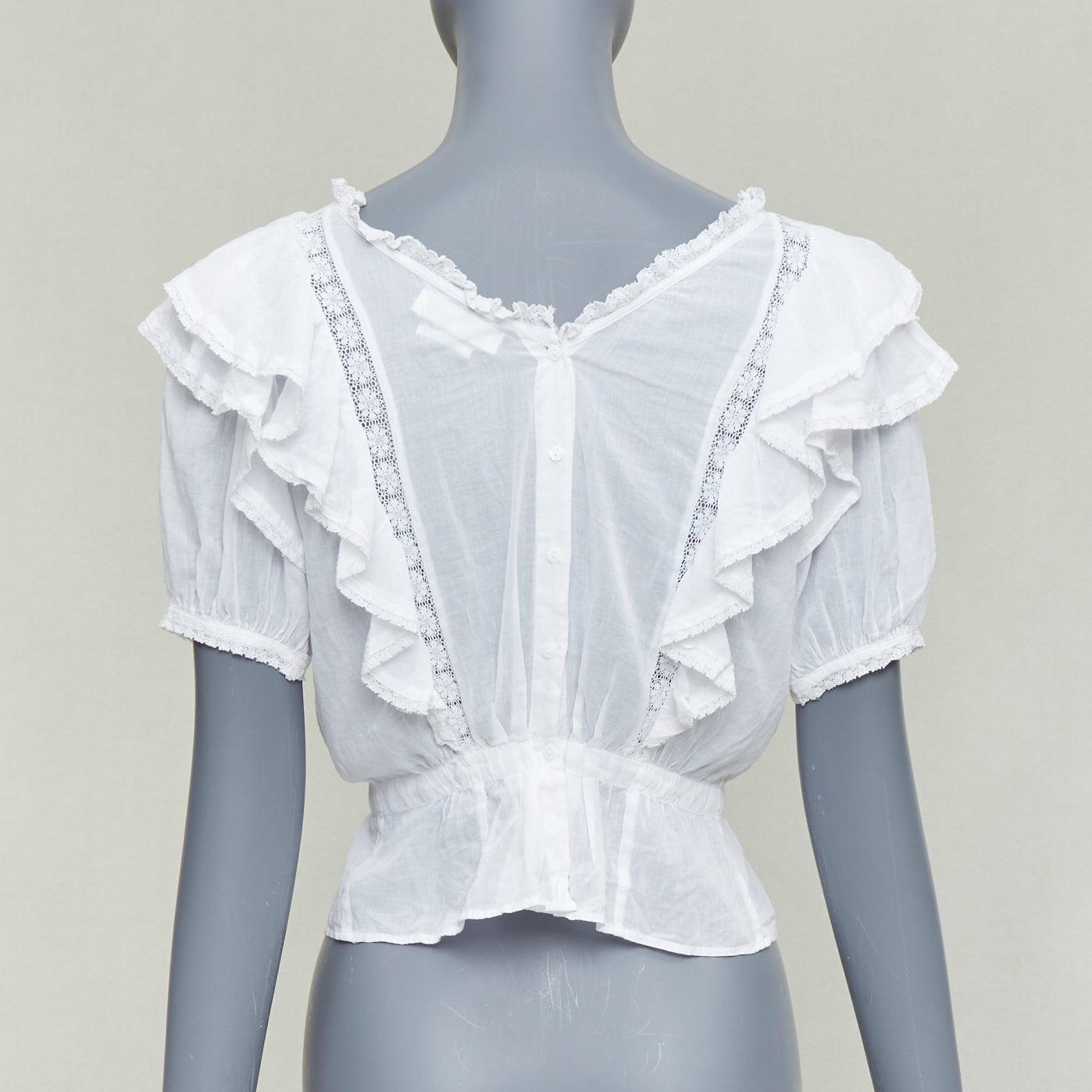 ISABEL MARANT Dentelle coton blanc dentelle garniture boho ruffle peasant top FR36 S en vente 1