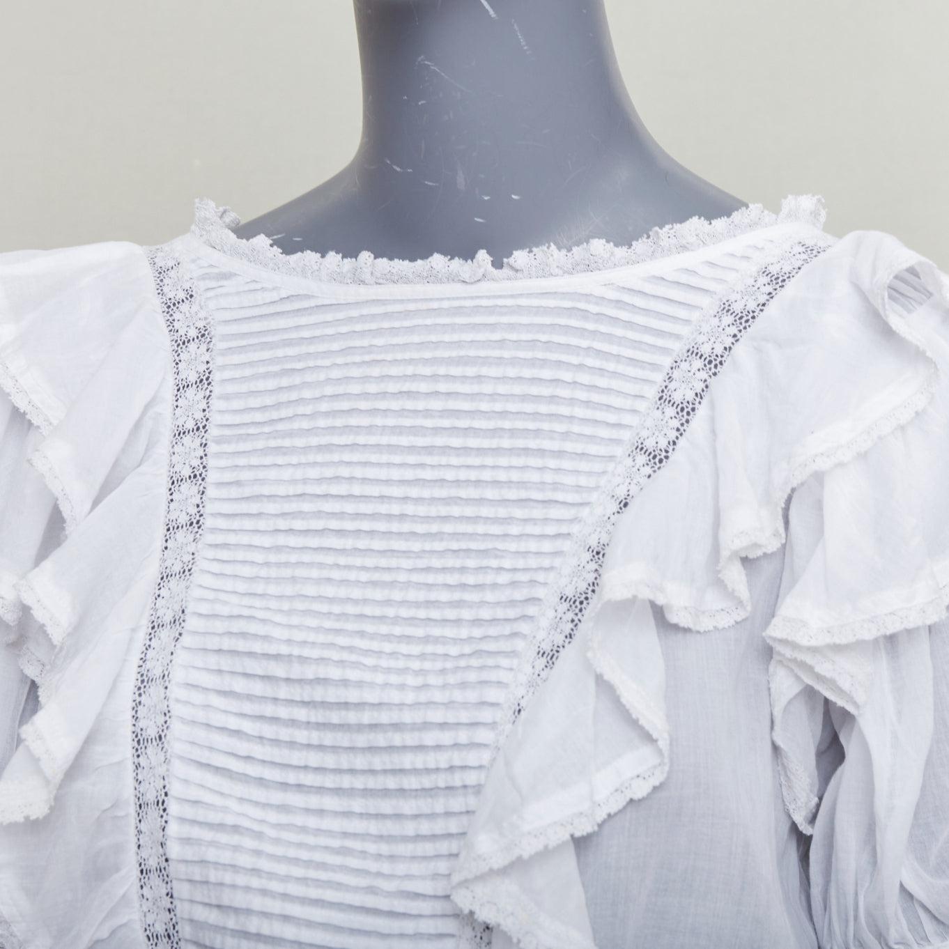 ISABEL MARANT Dentelle coton blanc dentelle garniture boho ruffle peasant top FR36 S en vente 3